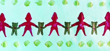 a pattern made by stencils of teddy bears holding hands with a standing person.